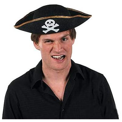 Altın Şeritli Siyah Renk Yayvan Denizci Korsan Şapkası Yetişkin 32x24 cm