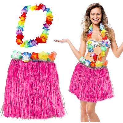 Hawaii Luau Aloha Pembe Püsküllü 40 cm Etek ve Hawaii Kolye Seti