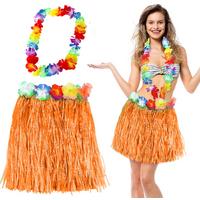 Hawaii Luau Aloha Turuncu Püsküllü 40 cm Etek ve Hawaii Kolye Seti