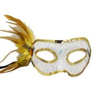 Altın Renk Yandan Tüylü Pul Payet İşlemeli Parti Maskesi 23x12 cm