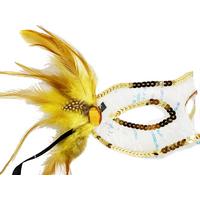Altın Renk Yandan Tüylü Pul Payet İşlemeli Parti Maskesi 23x12 cm