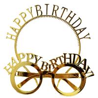 Happy Birthday Yazılı Taç ve Happy Birthday Yazılı Gözlük Seti Altın Renk