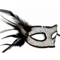 Siyah Renk Yandan Tüylü Pul Payet İşlemeli Parti Maskesi 23x12 cm