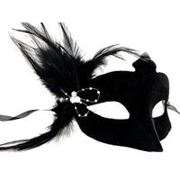 Siyah Renk Yandan Tüylü Süet Kaplama Beyaz İncili Parti Maskesi 18X15 cm
